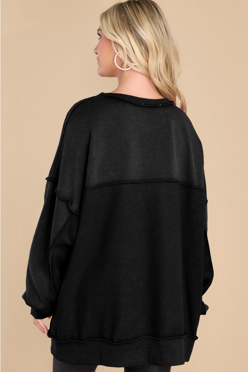 Black Oversized Exposed Seam Henley Sweatshirt-1