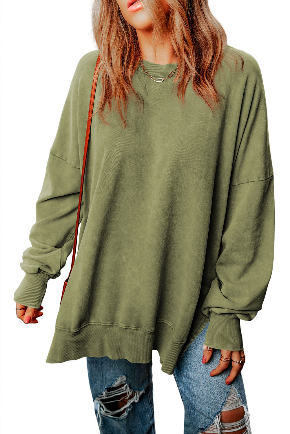 Green Drop Shoulder Ribbed Trim Oversized Sweatshirt-3