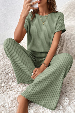 Grass Green Solid Color Ribbed Short Sleeve Wide Leg Jumpsuit-5