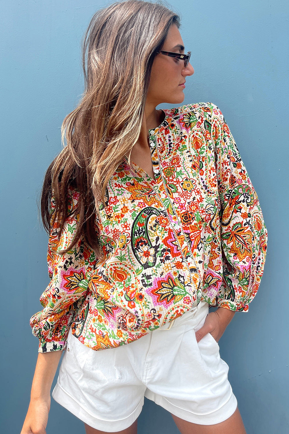 Multicolour Floral Print Lace Splicing Button up Puff Sleeve Shirt-1