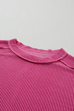 Rose Red Textured Knit Exposed Stitching T-shirt-14