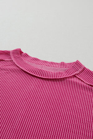 Rose Red Textured Knit Exposed Stitching T-shirt-14