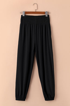 Black Smocked High Waist Joggers-10