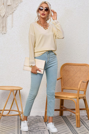 Apricot Ribbed Texture Lace Trim V Neck Long Sleeve Top-6