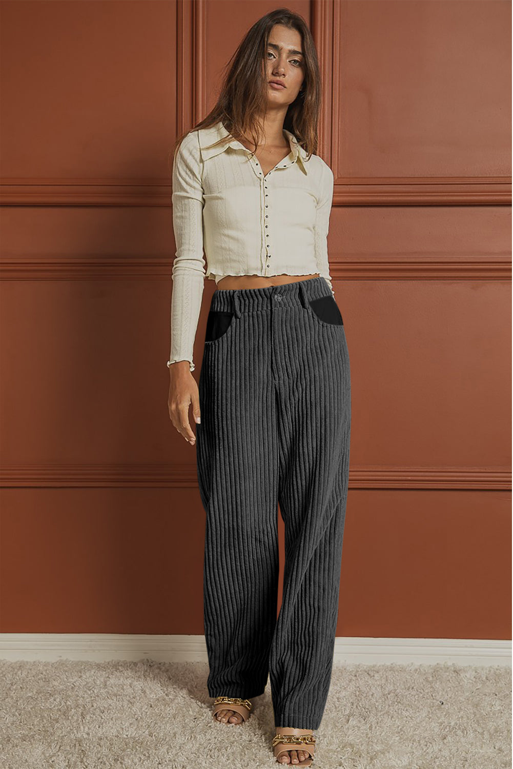 Gray Contrast Patched Pocket Corduroy Wide Leg Pants-2