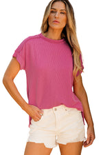 Rose Red Textured Knit Exposed Stitching T-shirt-19