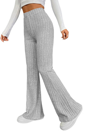 Gray Solid Color High Waist Ribbed Flare Pants-6