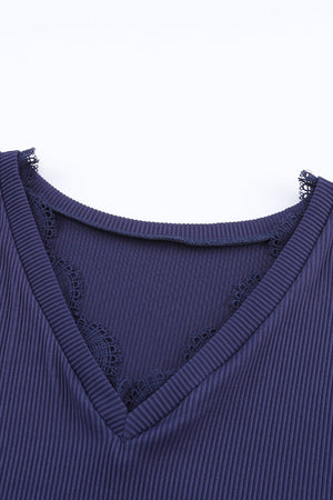 Blue Ribbed Texture Lace Trim V Neck Long Sleeve Top-6