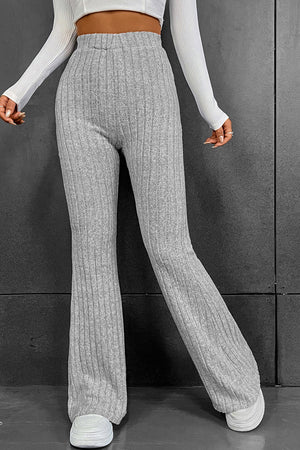 Gray Solid Color High Waist Ribbed Flare Pants-3