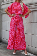 Rose Leopard Loose Sleeve Belted Wide Leg Jumpsuit-9