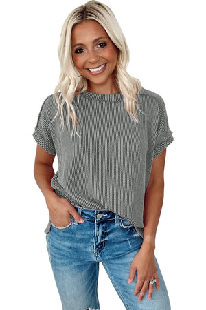 Medium Grey Textured Knit Exposed Stitching T-shirt-2