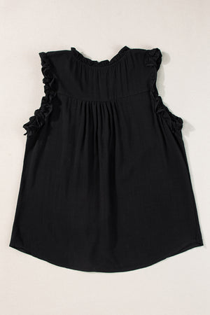 Black Button Split Neck Ruffled Trim Tank Top-5