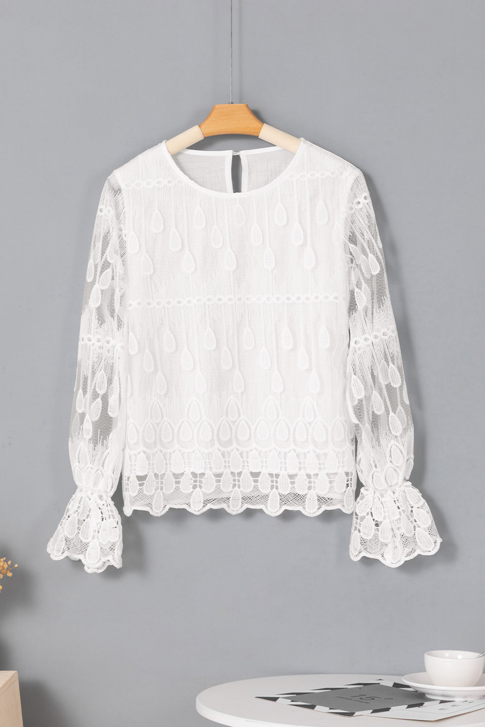 Beige Embroidered Mesh Flounce Sleeve Blouse-15