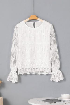 Beige Embroidered Mesh Flounce Sleeve Blouse-15