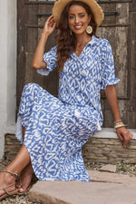 Sky Blue V Neck Casual Geometric Print Maxi Dress-8