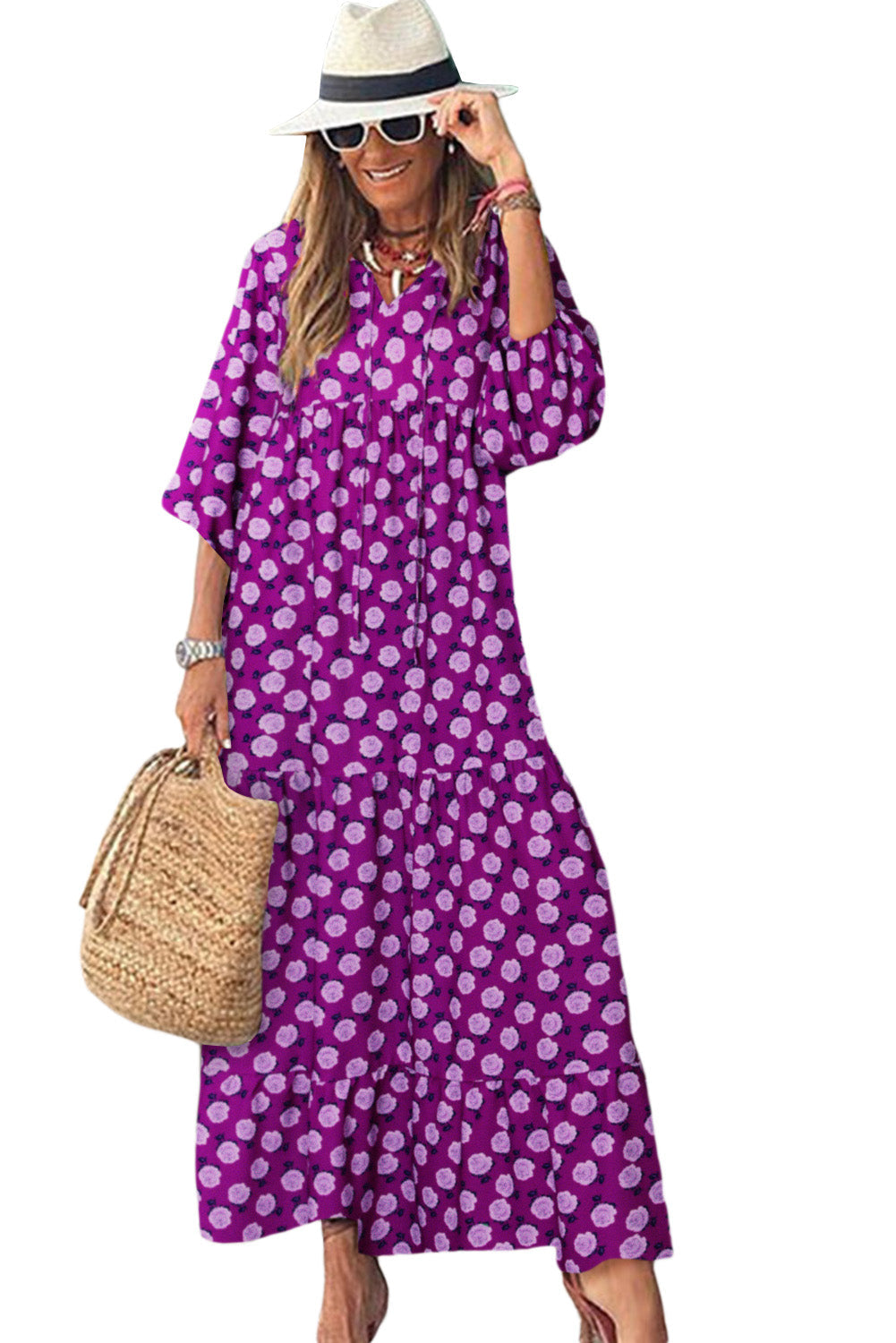 Purple Boho Printed Puff Sleeve Maxi Dress-7