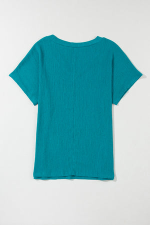 Blue Sapphire Crinkled V Neck Wide Sleeve T-shirt-7