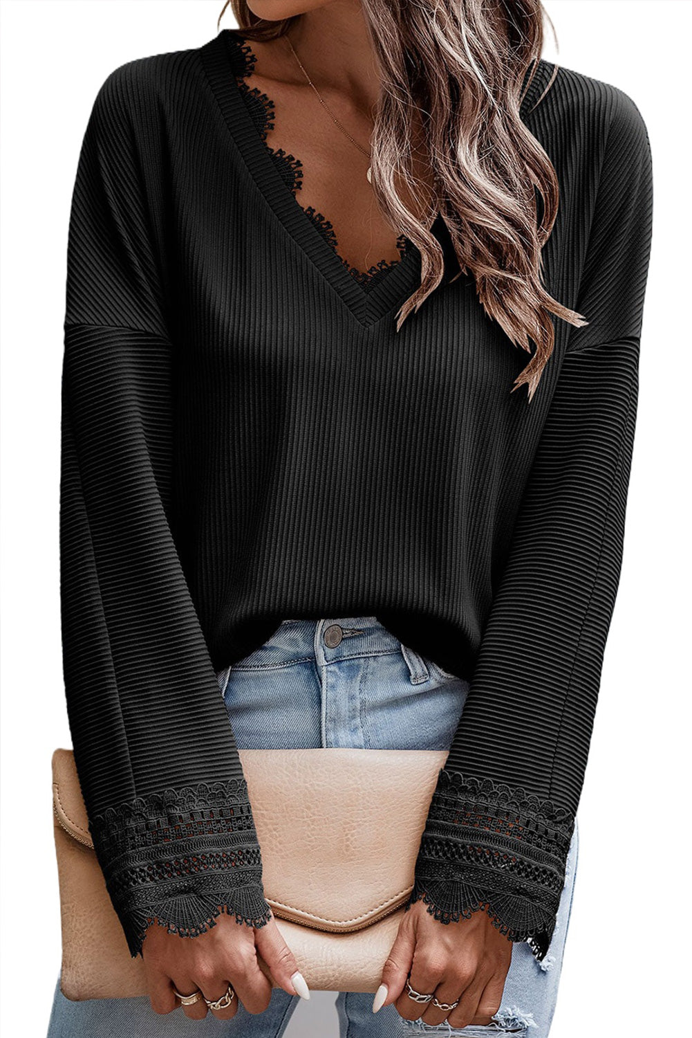 Black Ribbed Texture Lace Trim V Neck Long Sleeve Top-4