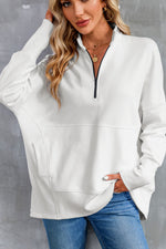 White Oversized Quarter-Zip Pullover Sweatshirt-2