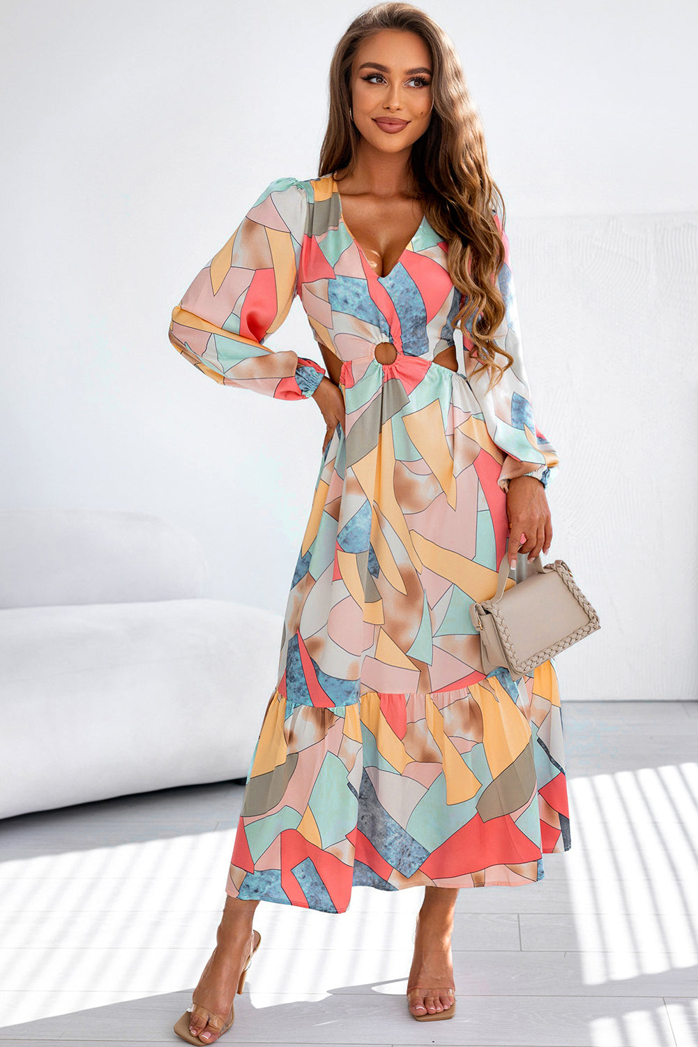 Multicolor Abstract Print O-ring Cut out Long Sleeve Maxi Dress-0