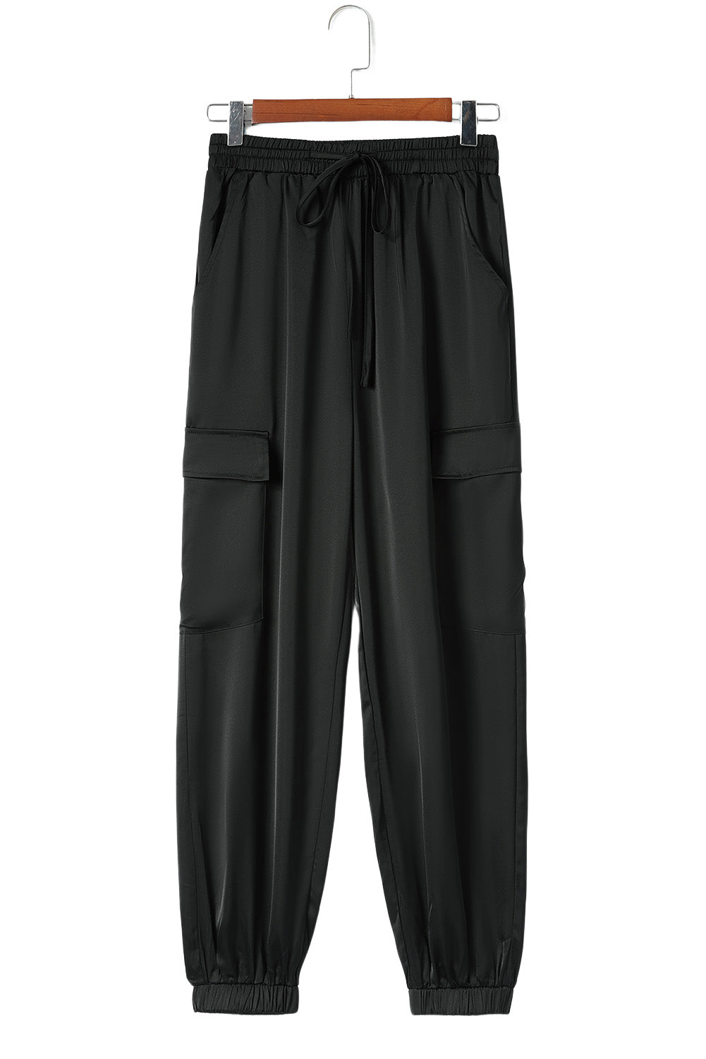 Black Satin Pocketed Drawstring Elastic Waist Pants-15