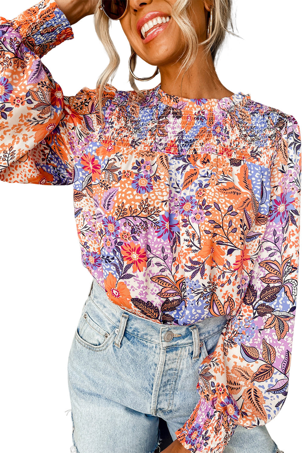 Multicolour Floral Bishop Sleeve Frilled Round Neck Blouse-5