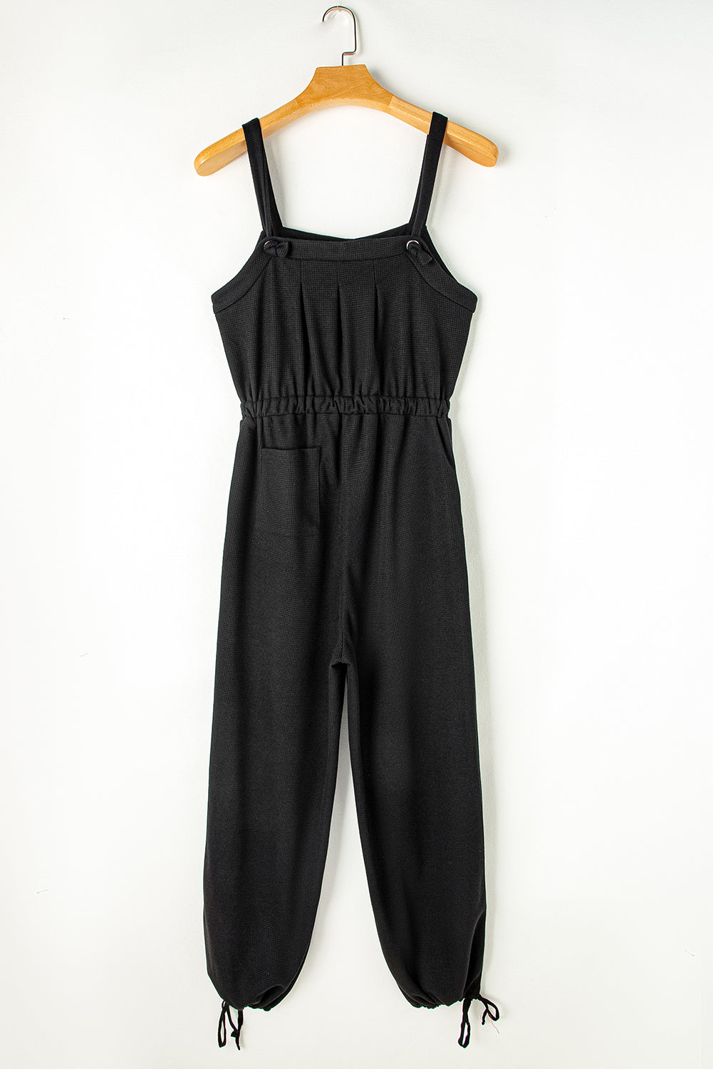Black Knotted Straps Button Textured Drawstring Jumpsuit-5