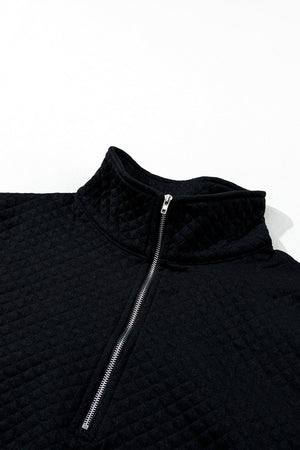 Black Solid Half Zipper Quilted Pullover Sweatshirt-7