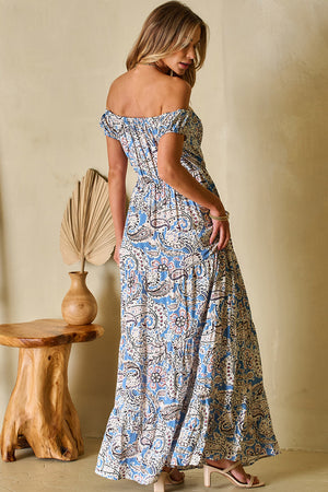 Blue Boho Paisley Print Off Shoulder Maxi Dress-5