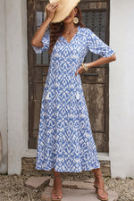 Sky Blue V Neck Casual Geometric Print Maxi Dress-7