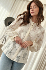 White Floral Lace Stand Neck Textured Shirt-2