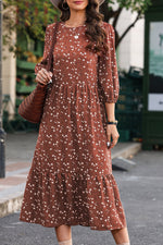 Chestnut Floral Print 3/4 Sleeve Ruffle Hem Midi Dress-9