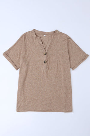 Khaki Button V Neck Rolled Short Sleeve T Shirt-6