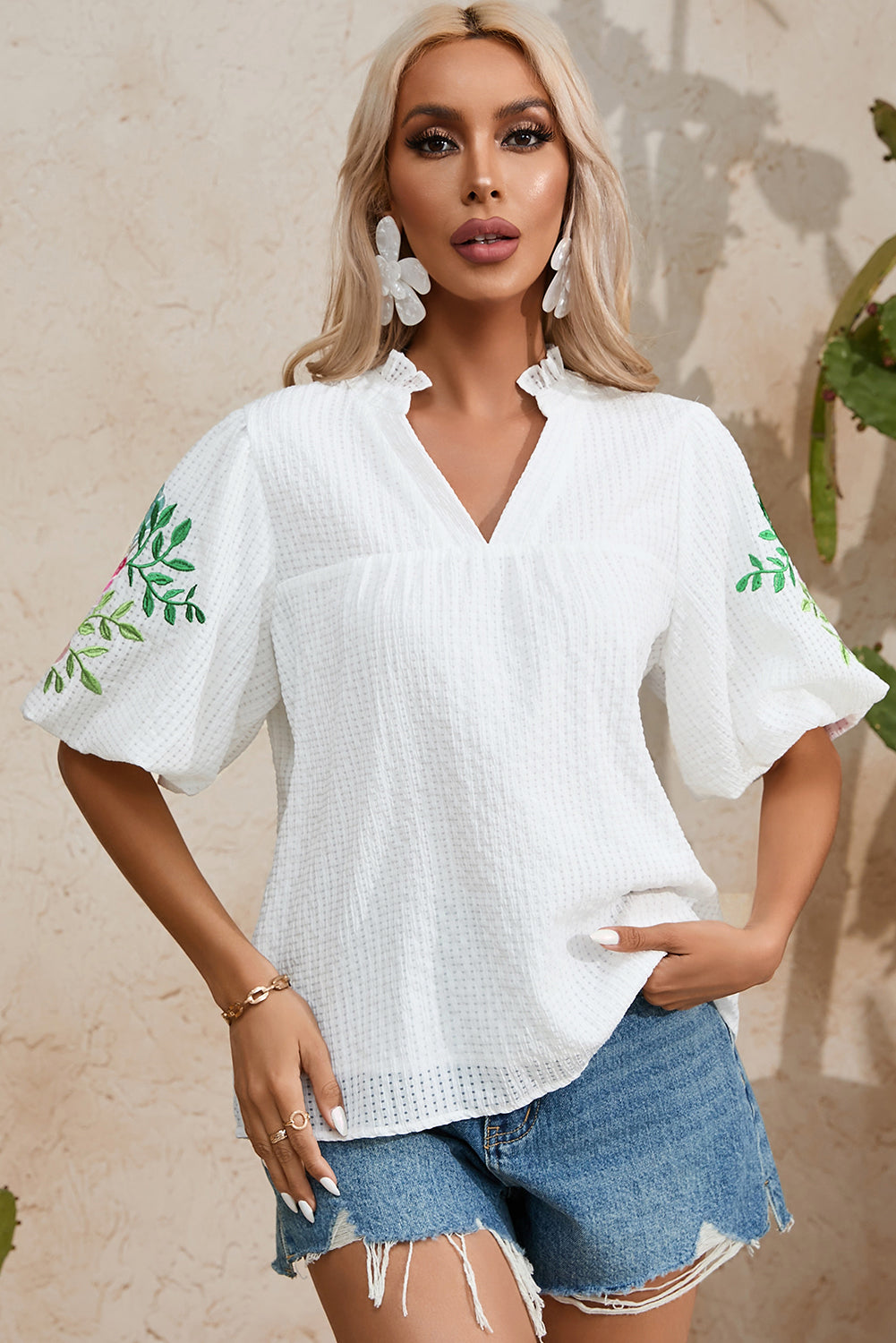 White Floral Embroidered Puff Sleeve Notched Neck Blouse-4