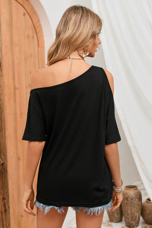 Black Solid Asymmetrical Neck Loose Casual T-Shirt-7