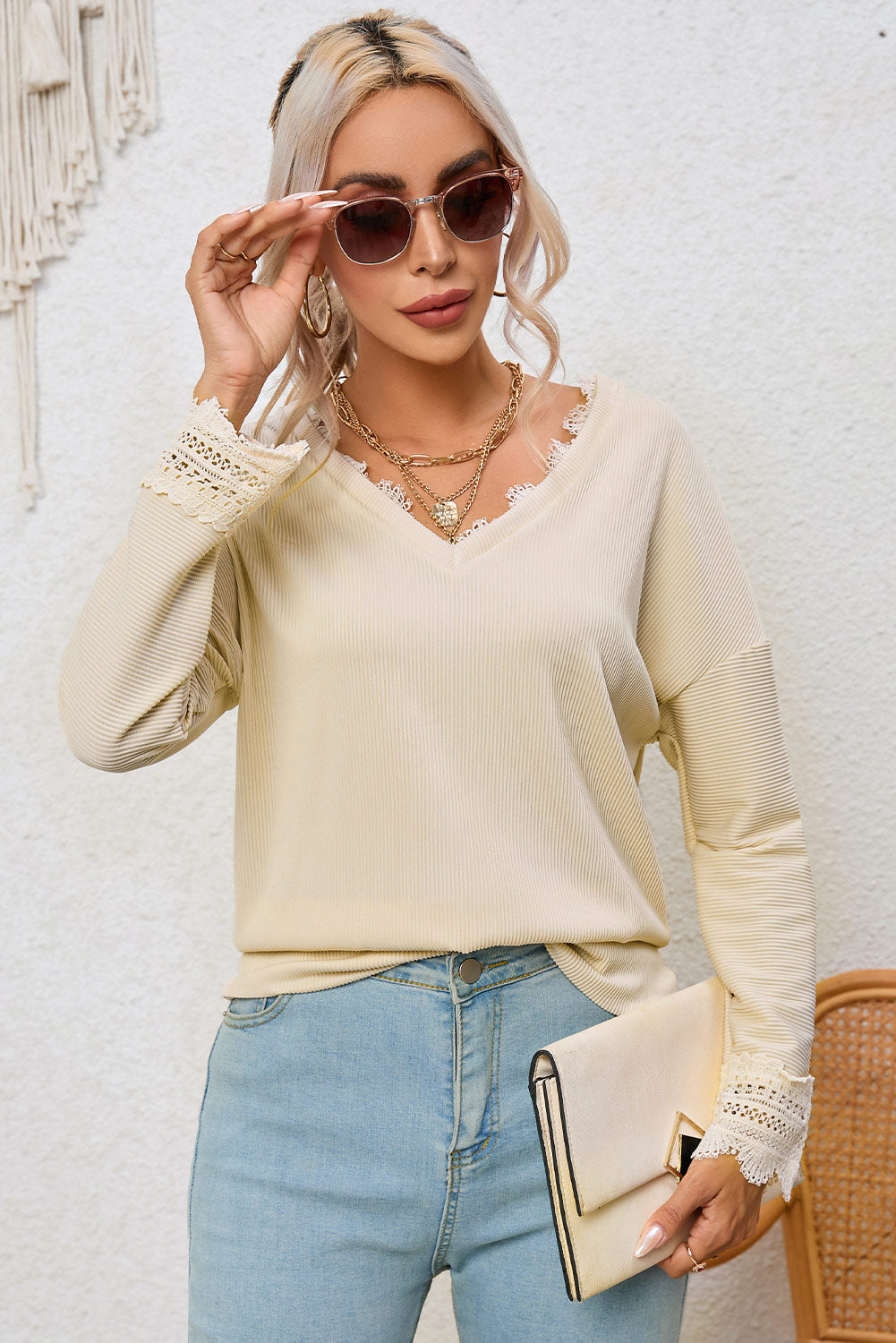 Apricot Ribbed Texture Lace Trim V Neck Long Sleeve Top-3