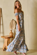 Blue Boho Paisley Print Off Shoulder Maxi Dress-7