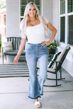 Sky Blue High Waist Buttoned Distressed Flared Jeans-3