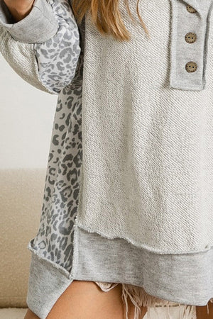 Gray Leopard Patchwork Exposed Seam Buttoned Neck Sweatshirt-3