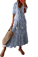 Sky Blue V Neck Casual Geometric Print Maxi Dress-16