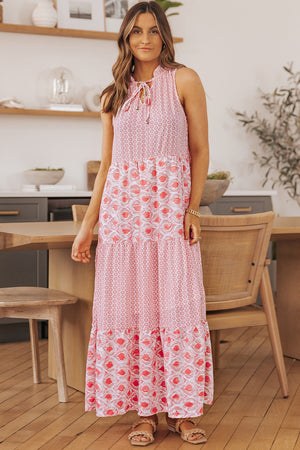Pink Abstract Print Split Neck Sleeveless Maxi Dress-5