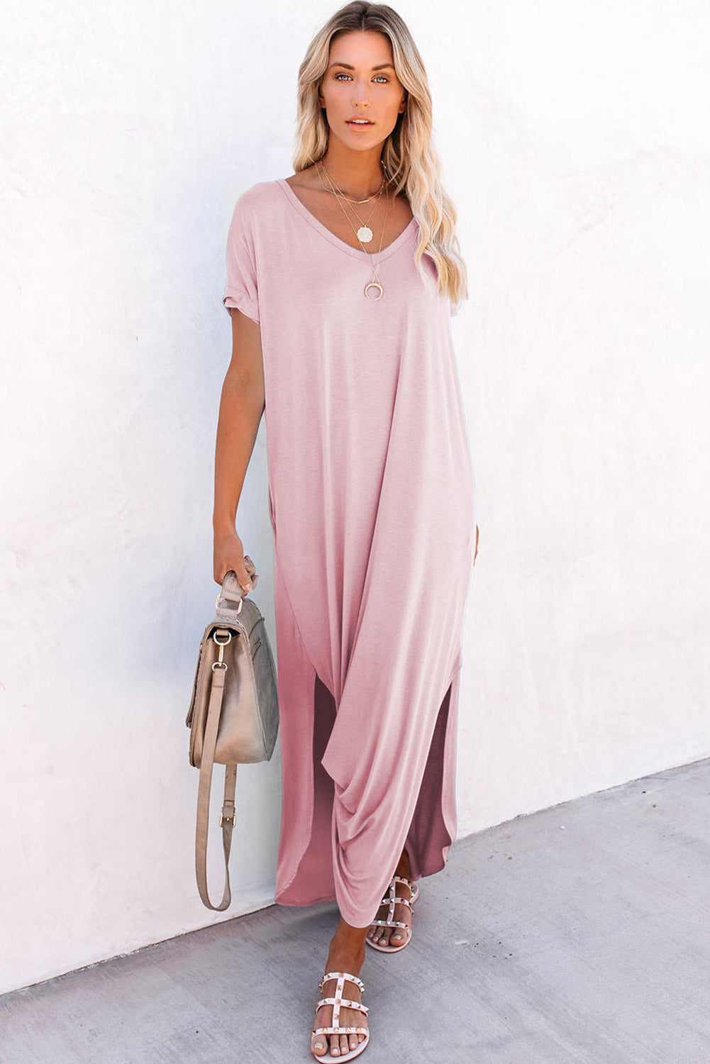 Pink V Neck Hidden Pocket Splits Maxi T-shirt Dress-2