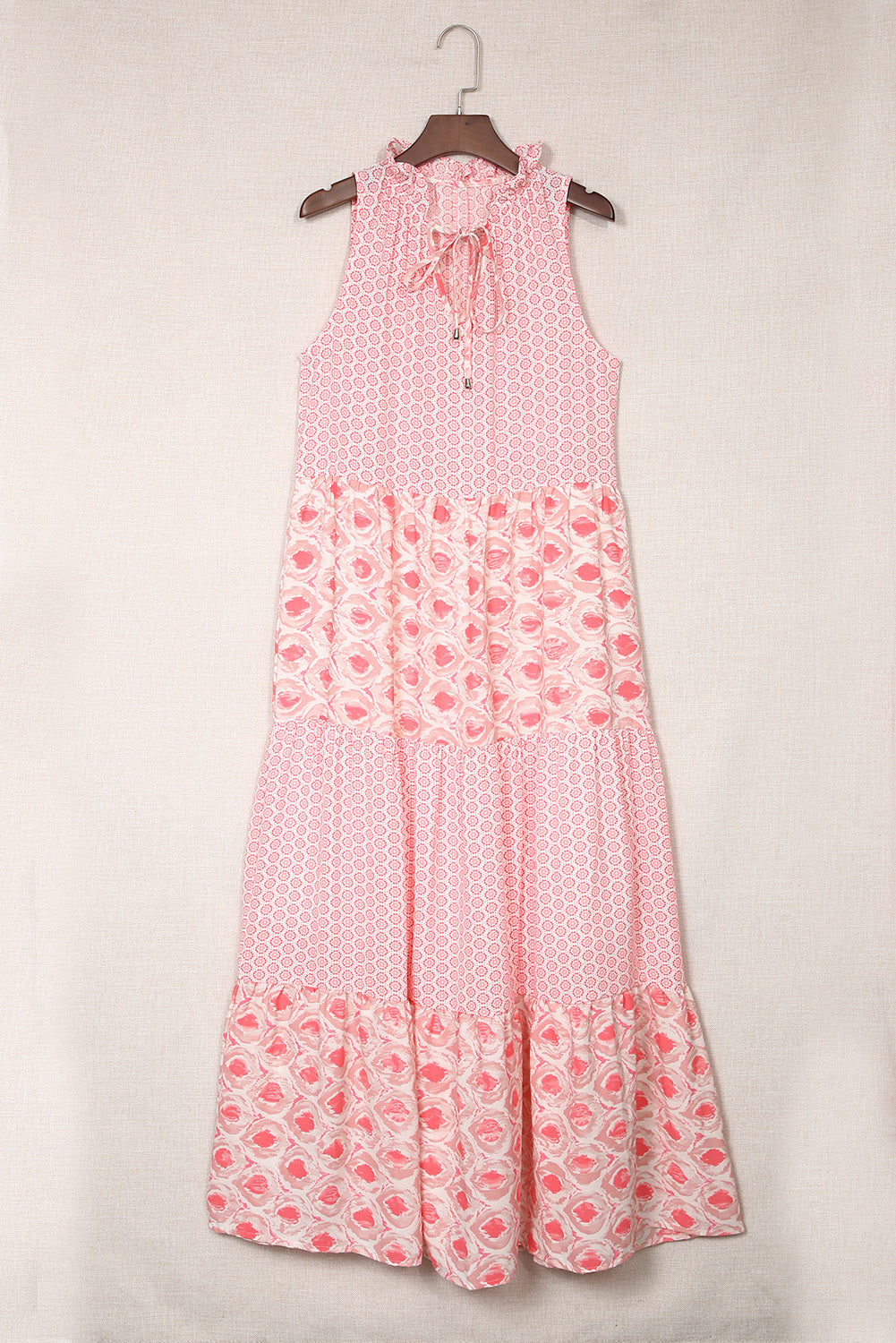 Pink Abstract Print Split Neck Sleeveless Maxi Dress-14