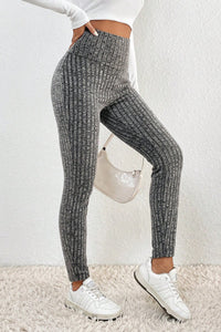 Gray Wide Waistband Ribbed Textured Knit Leggings-1