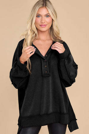 Black Oversized Exposed Seam Henley Sweatshirt-3