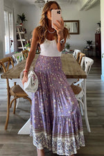 Purple Floral Print Shirred High Waist Maxi Skirt-2