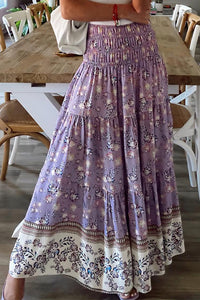 Purple Floral Print Shirred High Waist Maxi Skirt-0