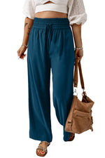 Blue Drawstring Elastic Waist Casual Wide Leg Pants-5