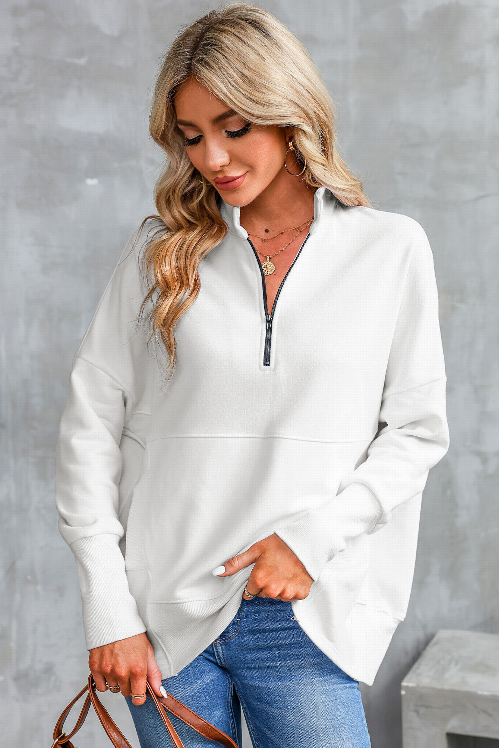 White Oversized Quarter-Zip Pullover Sweatshirt-0