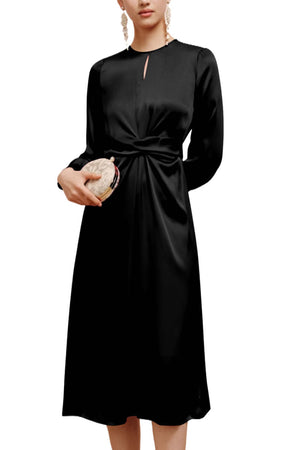 Black Twist Front Tie Back Long Sleeve Satin Dress-3